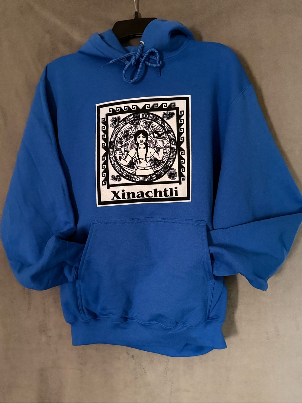 Port and Company Blue Crewneck Hoodie with Black & White Graphic Xinachtli